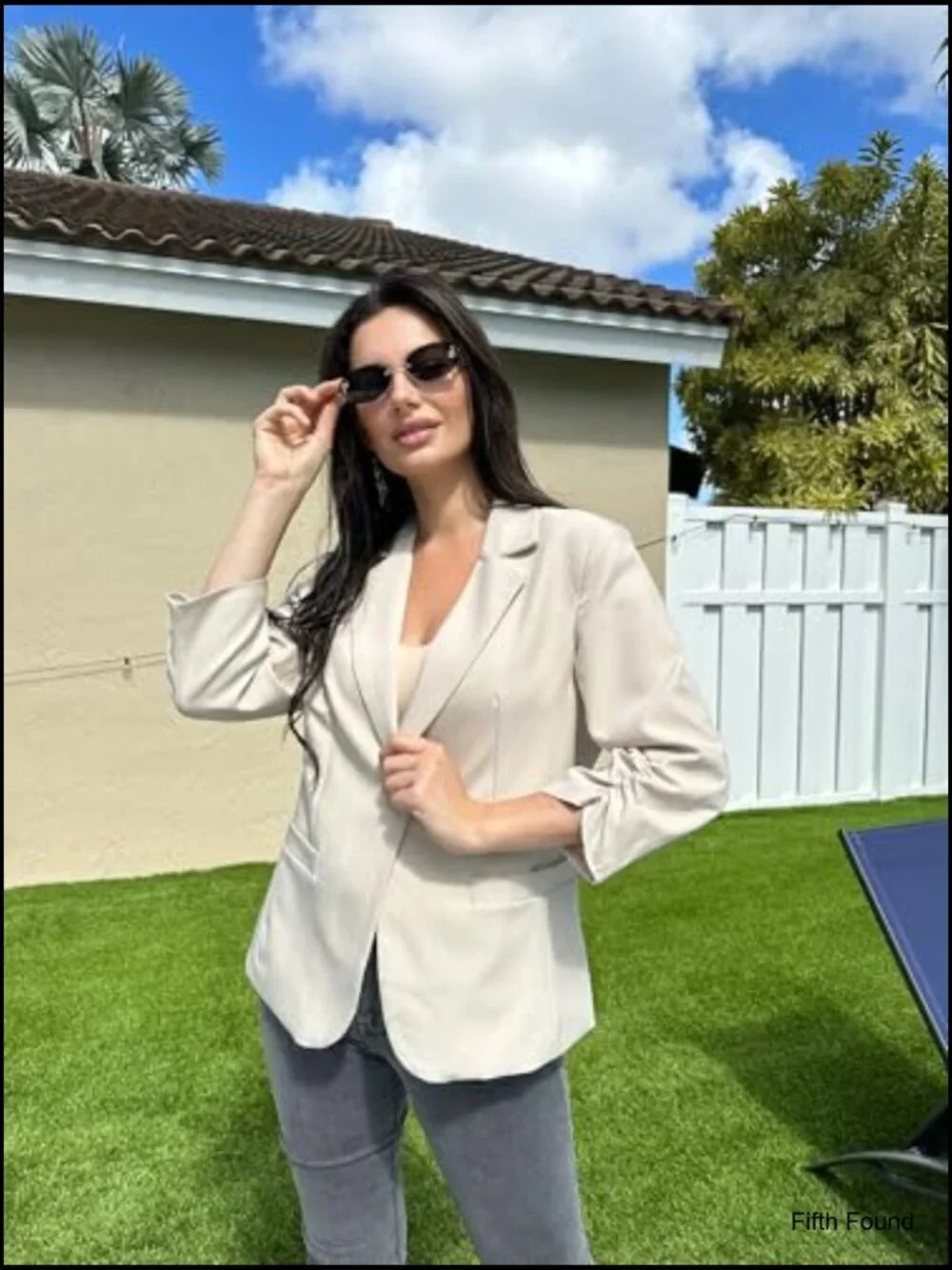 Slim Fit Blazer with Padded Shoulders Ruched 3/4 Sleeves Business Casual - Picture 6 of 7